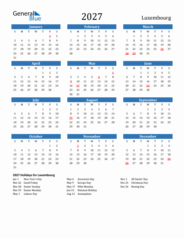 Luxembourg 2027 Calendar with Holidays