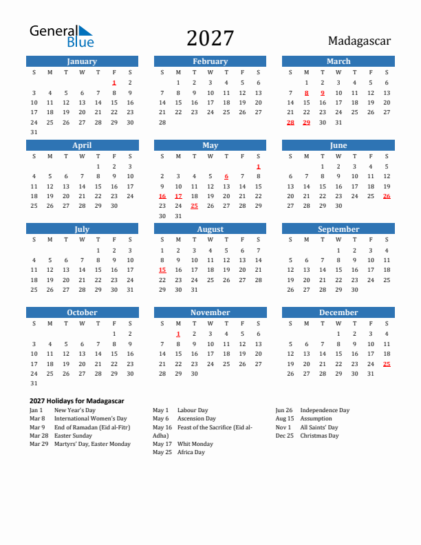 Madagascar 2027 Calendar with Holidays