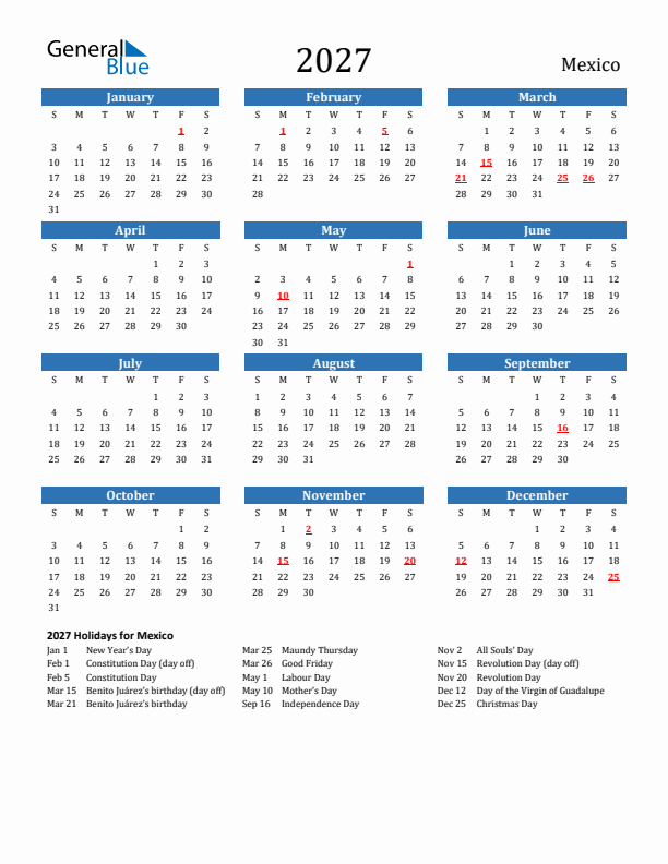 Mexico 2027 Calendar with Holidays