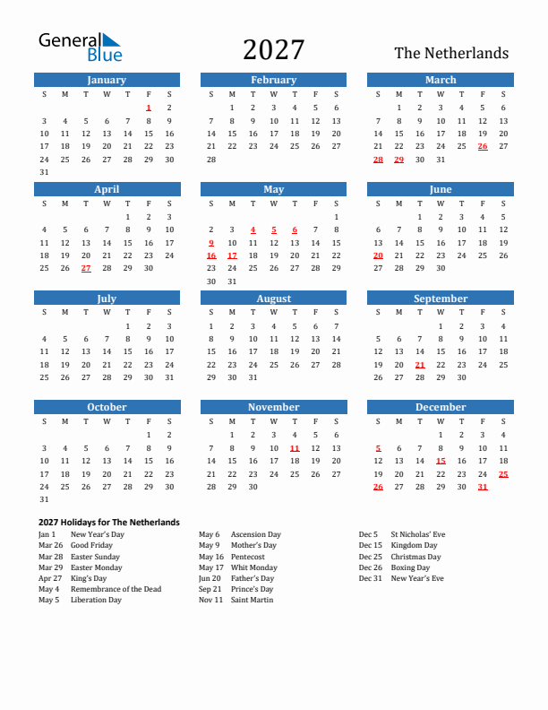 The Netherlands 2027 Calendar with Holidays