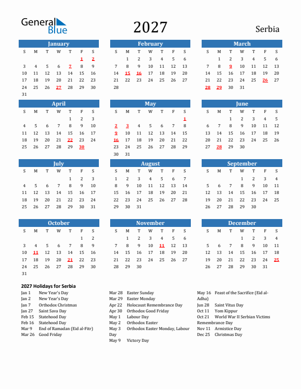 Serbia 2027 Calendar with Holidays