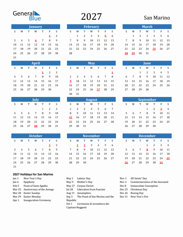 San Marino 2027 Calendar with Holidays