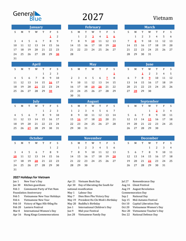 Vietnam 2027 Calendar with Holidays