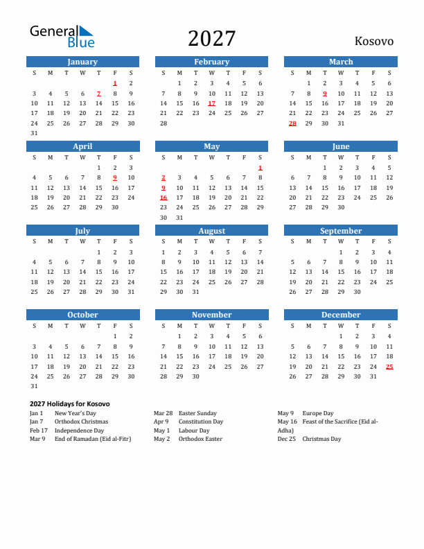 Kosovo 2027 Calendar with Holidays