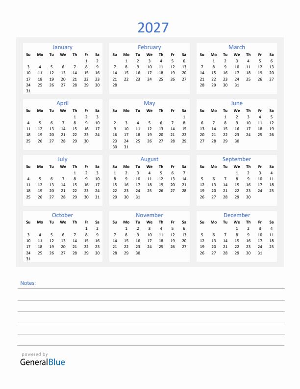 2027 Yearly Calendar Template with Notes Section (PDF Excel Word)