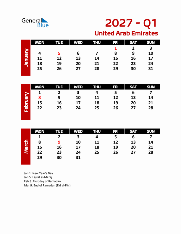 Q1 2027 Calendar with Holidays in United Arab Emirates