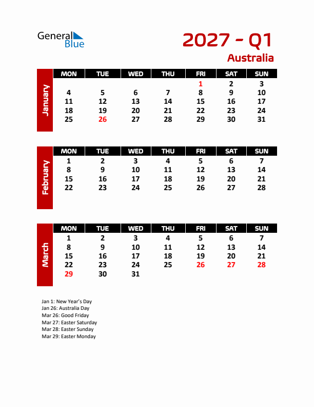 Q1 2027 Calendar with Holidays in Australia