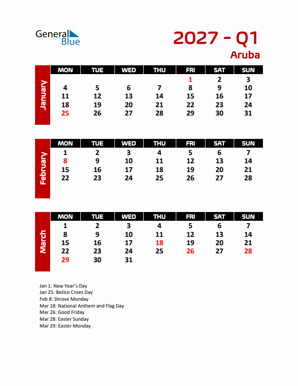 Q1 2027 Calendar with Holidays in Aruba