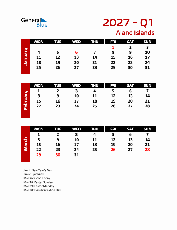 Q1 2027 Calendar with Holidays in Aland Islands