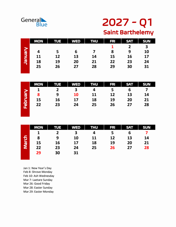 Q1 2027 Calendar with Holidays in Saint Barthelemy