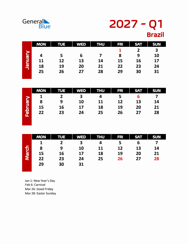 Q1 2027 Calendar with Holidays in Brazil