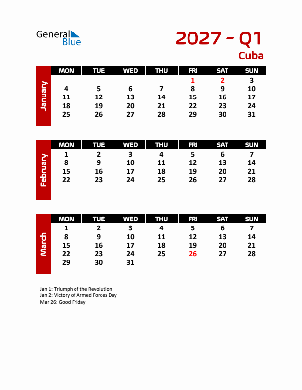 Q1 2027 Calendar with Holidays in Cuba