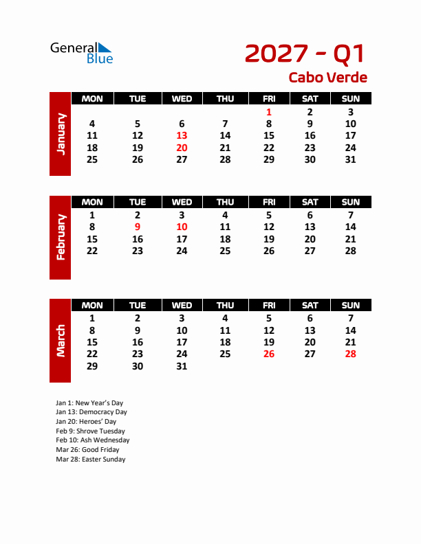 Q1 2027 Calendar with Holidays in Cabo Verde