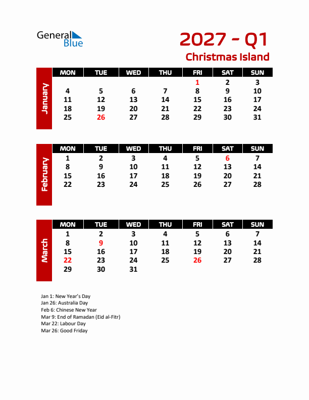 Q1 2027 Calendar with Holidays in Christmas Island