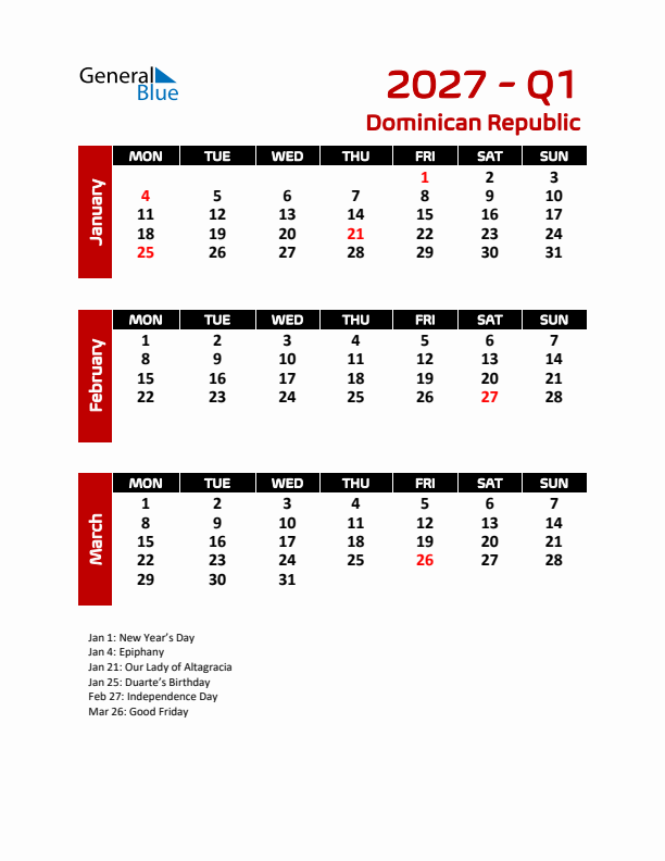 Q1 2027 Calendar with Holidays in Dominican Republic