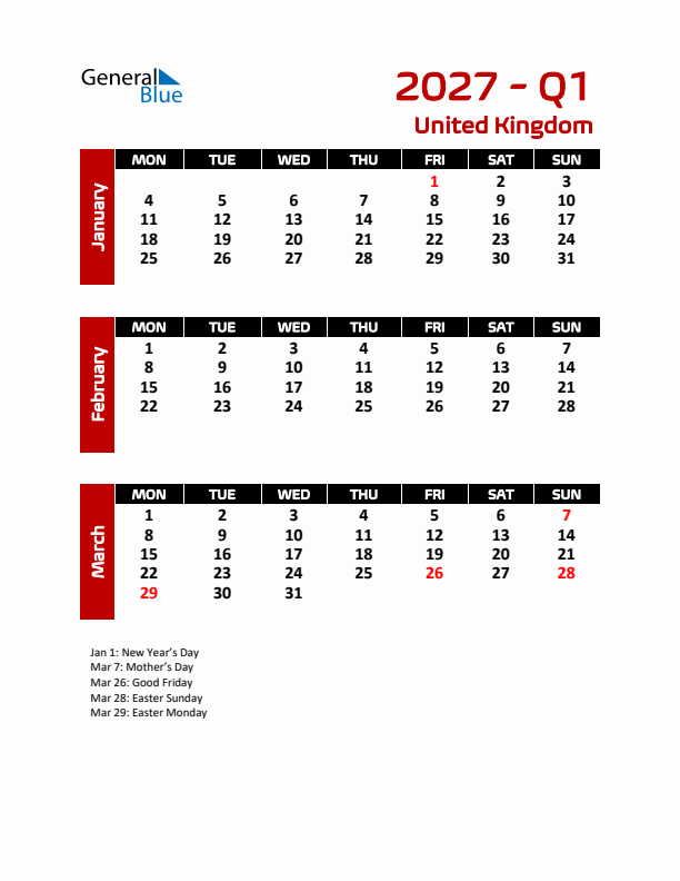 Q1 2027 Calendar with Holidays in United Kingdom