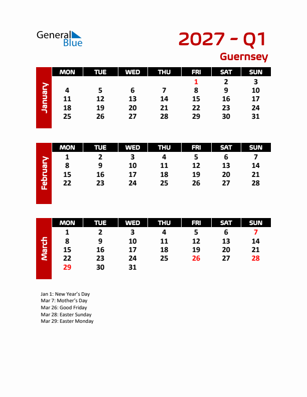 Q1 2027 Calendar with Holidays in Guernsey