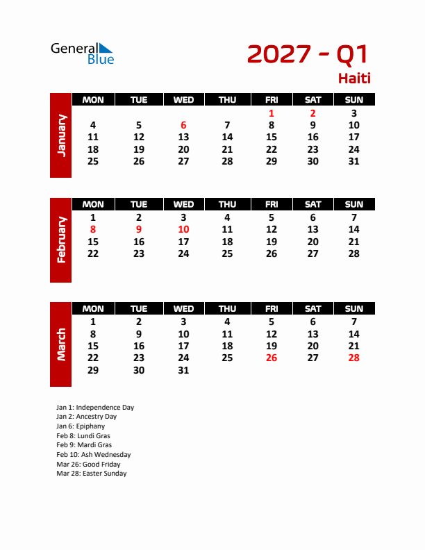 Q1 2027 Calendar with Holidays in Haiti