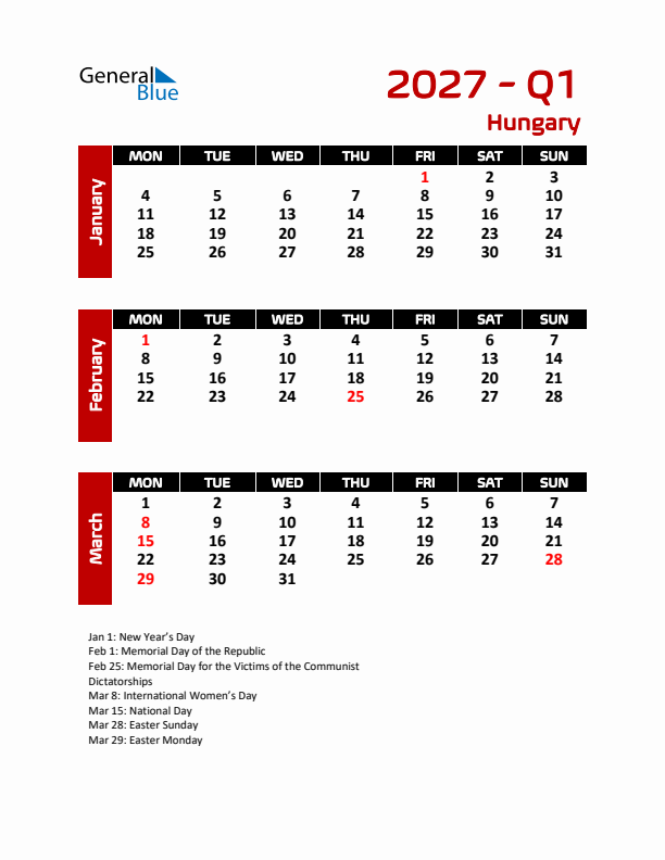 Q1 2027 Calendar with Holidays in Hungary