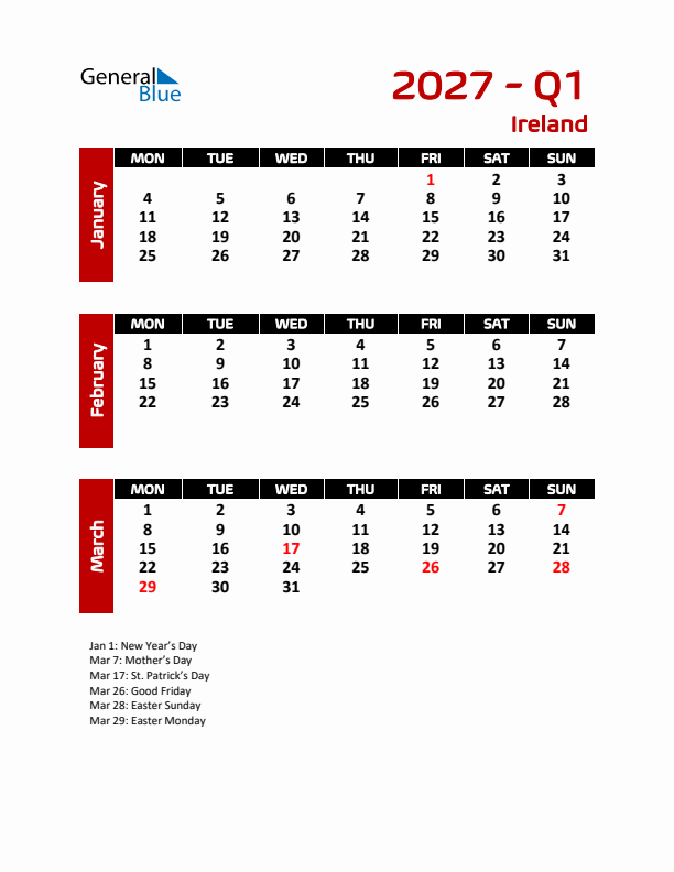 Q1 2027 Calendar with Holidays in Ireland