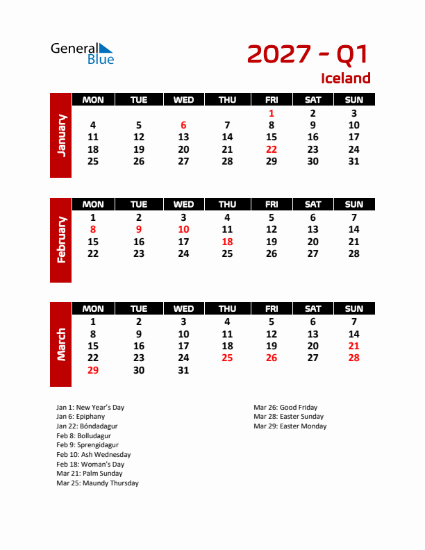 Q1 2027 Calendar with Holidays in Iceland