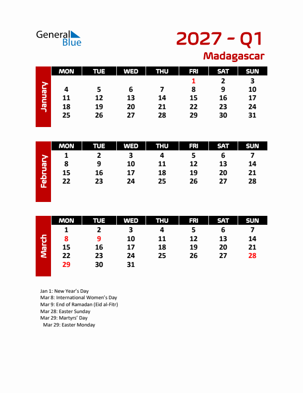 Q1 2027 Calendar with Holidays in Madagascar