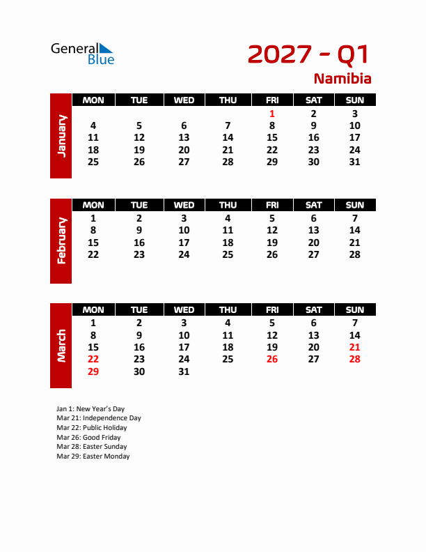 Q1 2027 Calendar with Holidays in Namibia