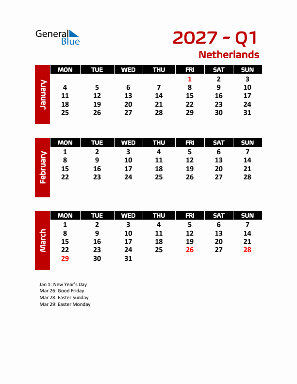 Q1 2027 Calendar with Holidays in The Netherlands