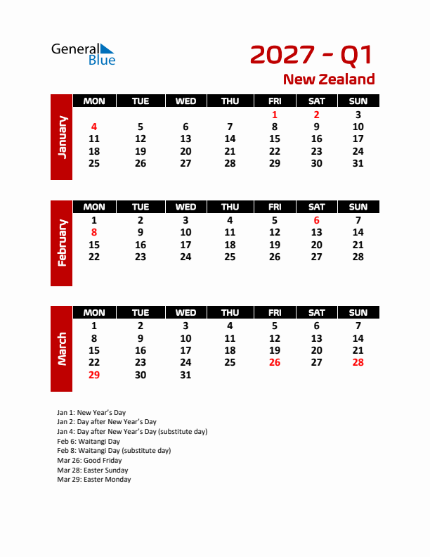 Q1 2027 Calendar with Holidays in New Zealand