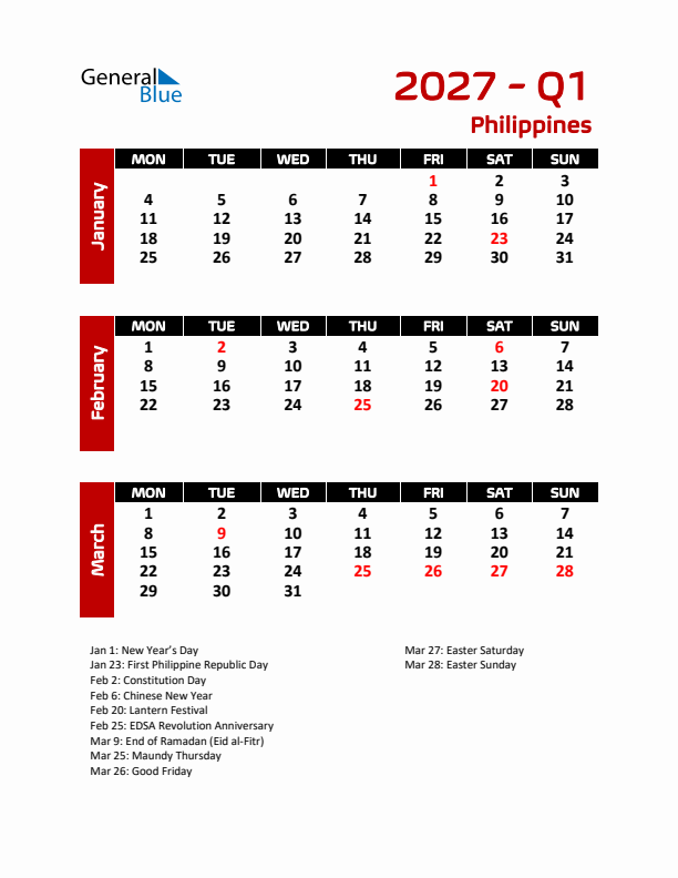 Q1 2027 Calendar with Holidays in Philippines