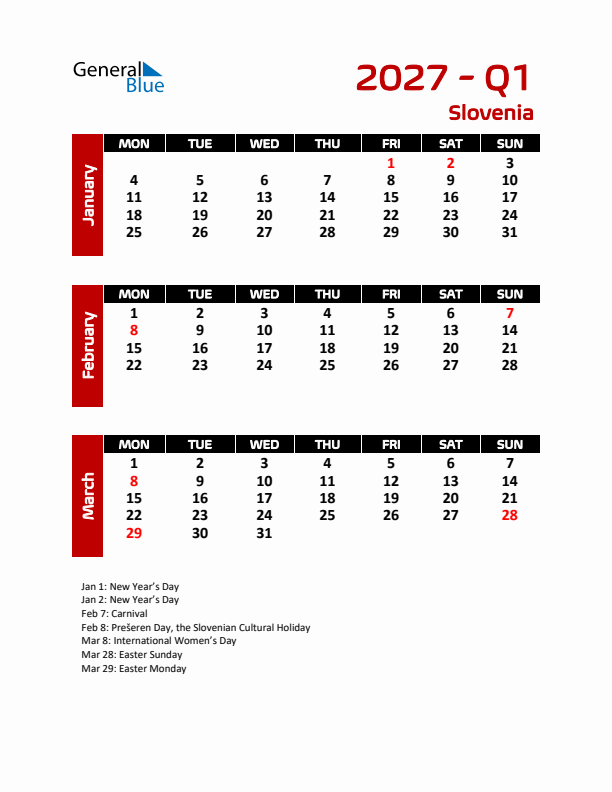 Q1 2027 Calendar with Holidays in Slovenia