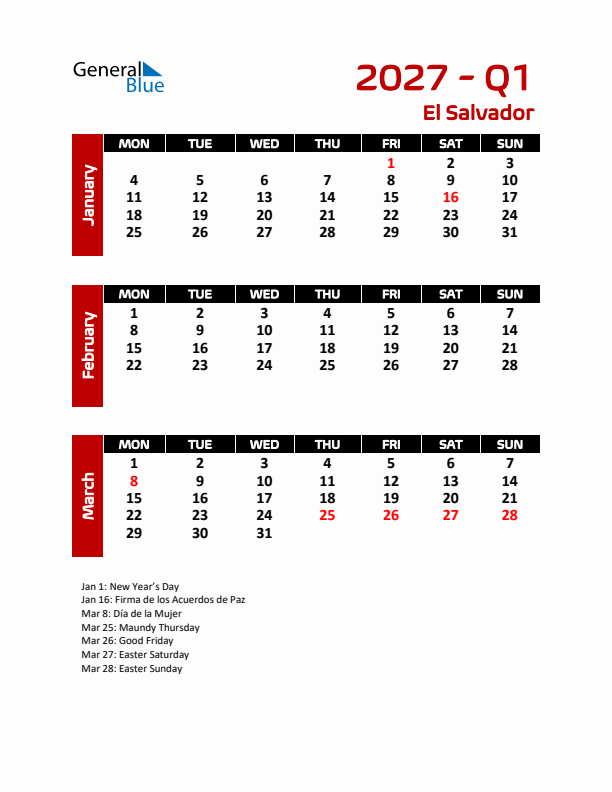 Q1 2027 Calendar with Holidays in El Salvador