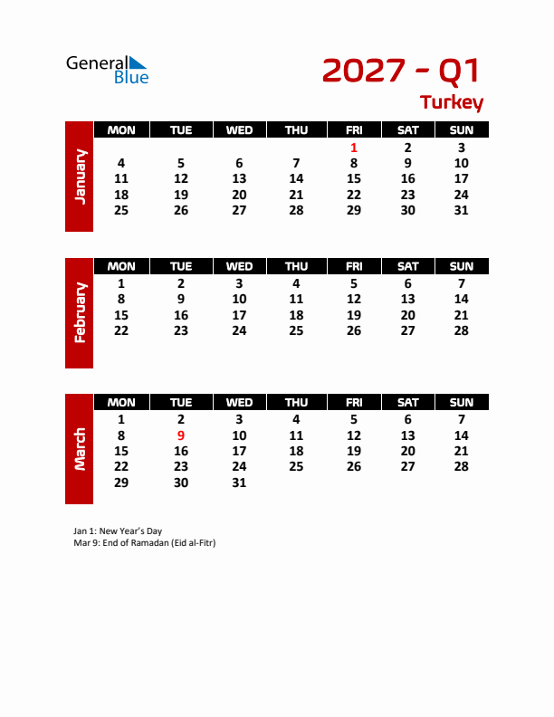 Q1 2027 Calendar with Holidays in Turkey