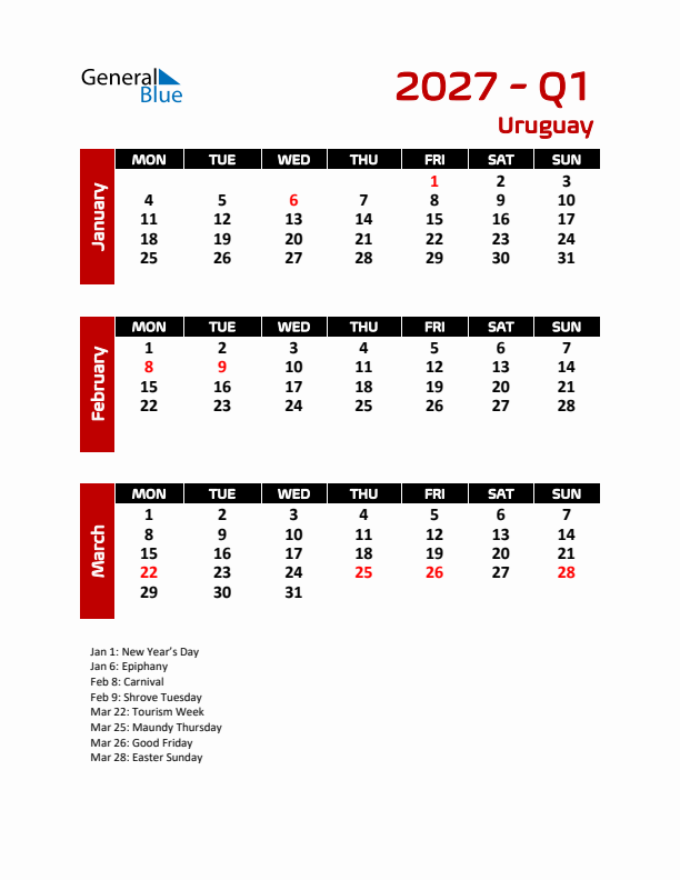 Q1 2027 Calendar with Holidays in Uruguay