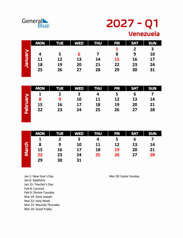 Q1 2027 Calendar with Holidays in Venezuela