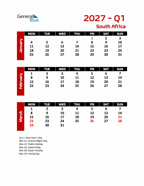 Q1 2027 Calendar with Holidays in South Africa