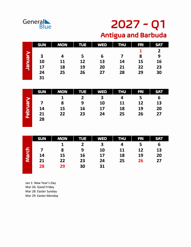 Q1 2027 Calendar with Holidays in Antigua and Barbuda