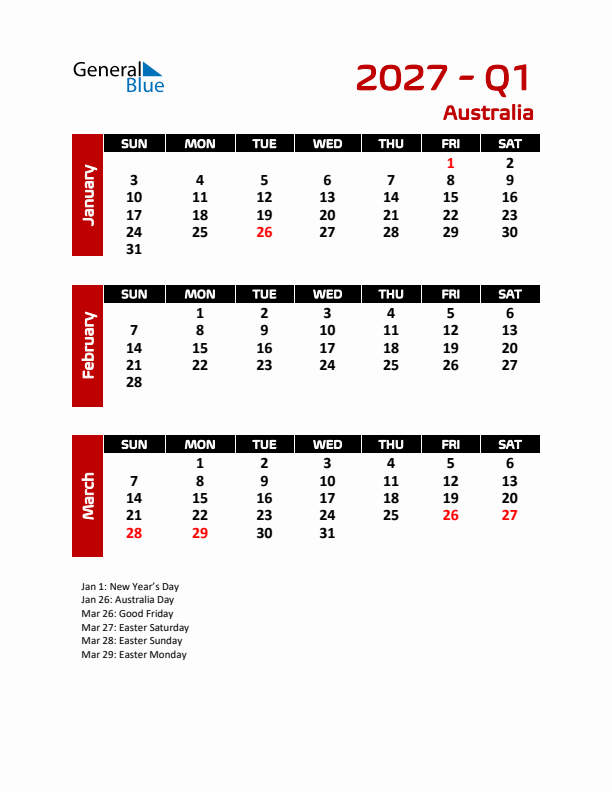 Q1 2027 Calendar with Holidays in Australia