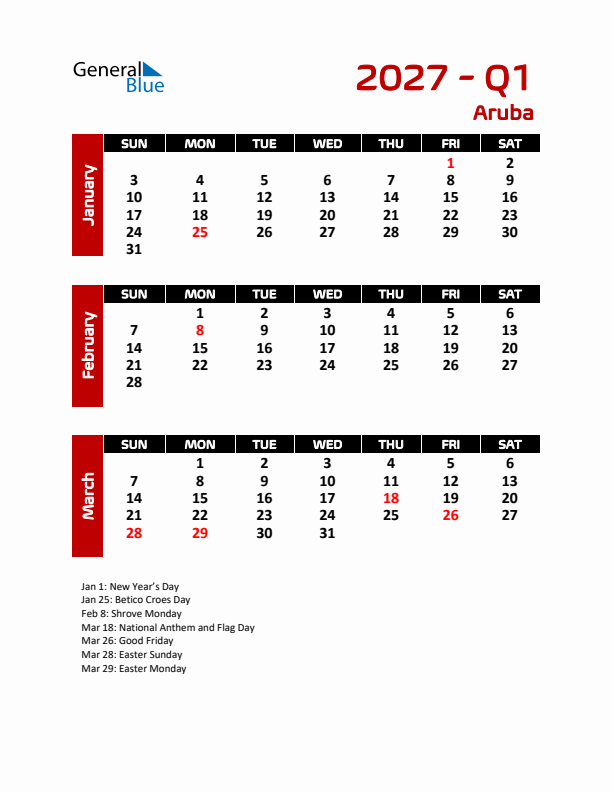 Q1 2027 Calendar with Holidays in Aruba