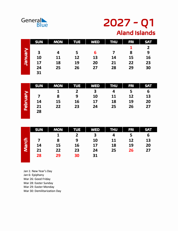 Q1 2027 Calendar with Holidays in Aland Islands