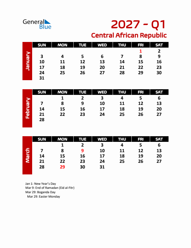 Q1 2027 Calendar with Holidays in Central African Republic