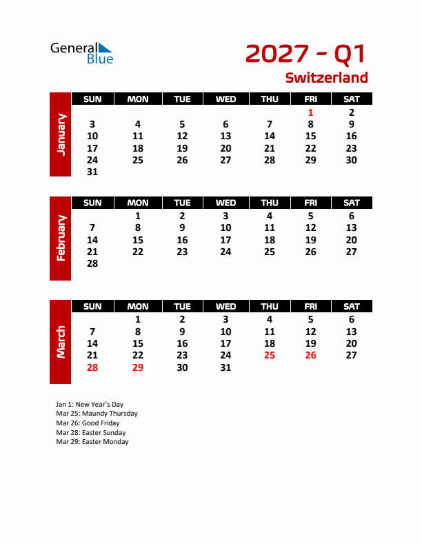 Q1 2027 Calendar with Holidays in Switzerland