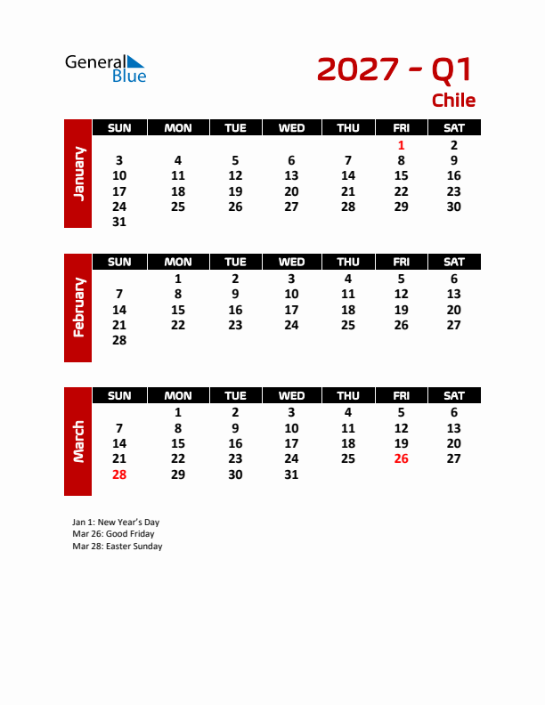 Q1 2027 Calendar with Holidays in Chile