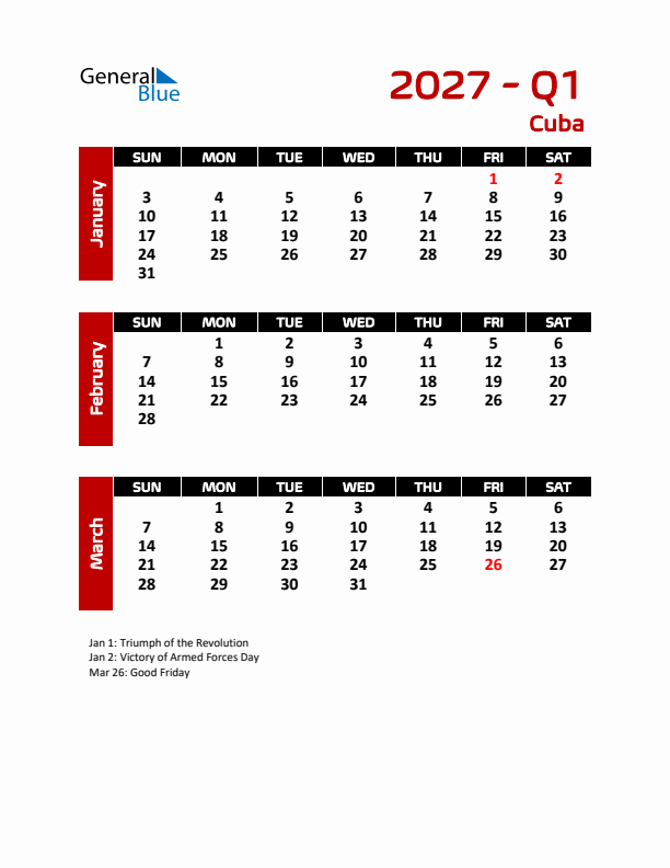 Q1 2027 Calendar with Holidays in Cuba