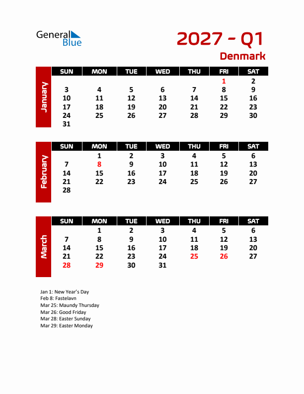 Q1 2027 Calendar with Holidays in Denmark