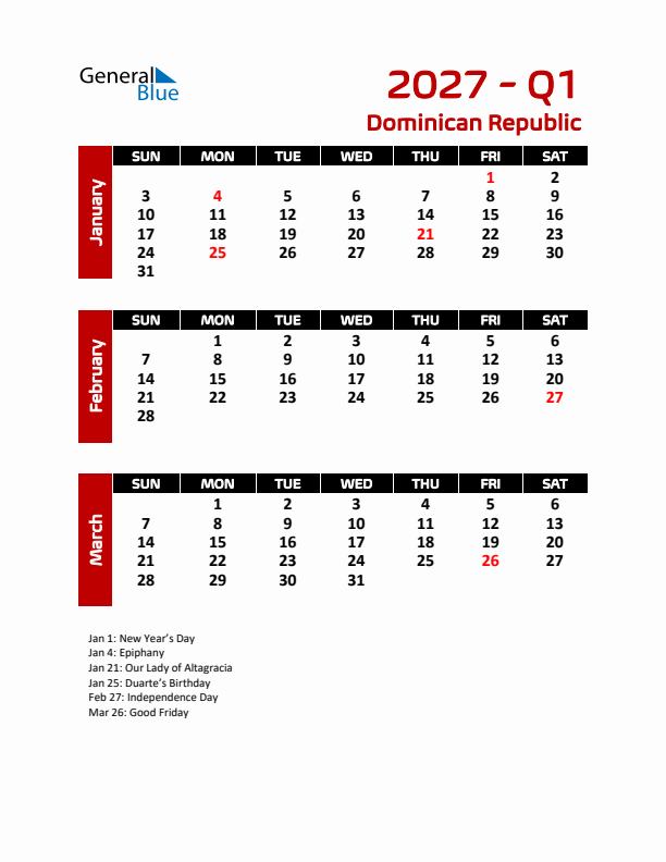 Q1 2027 Calendar with Holidays in Dominican Republic