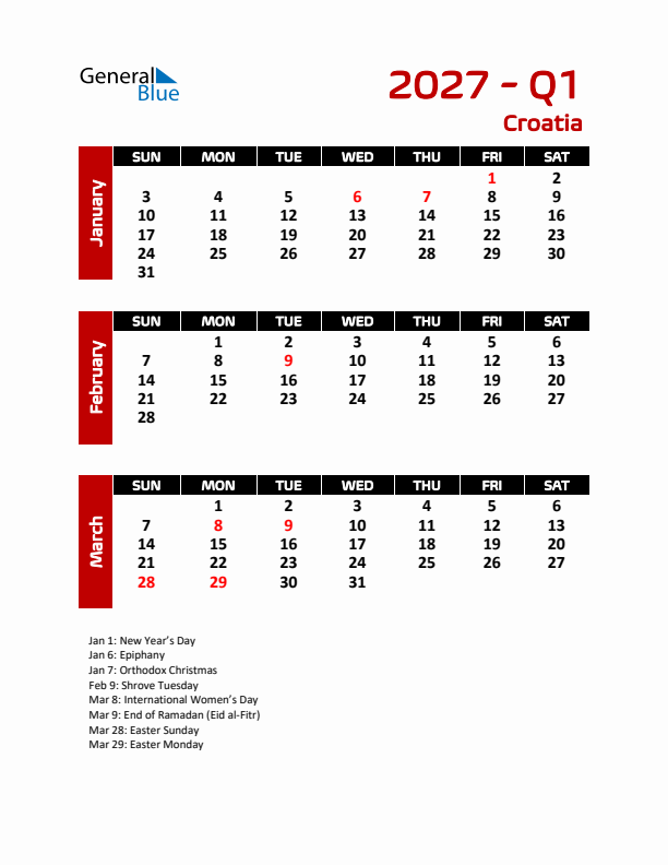 Q1 2027 Calendar with Holidays in Croatia