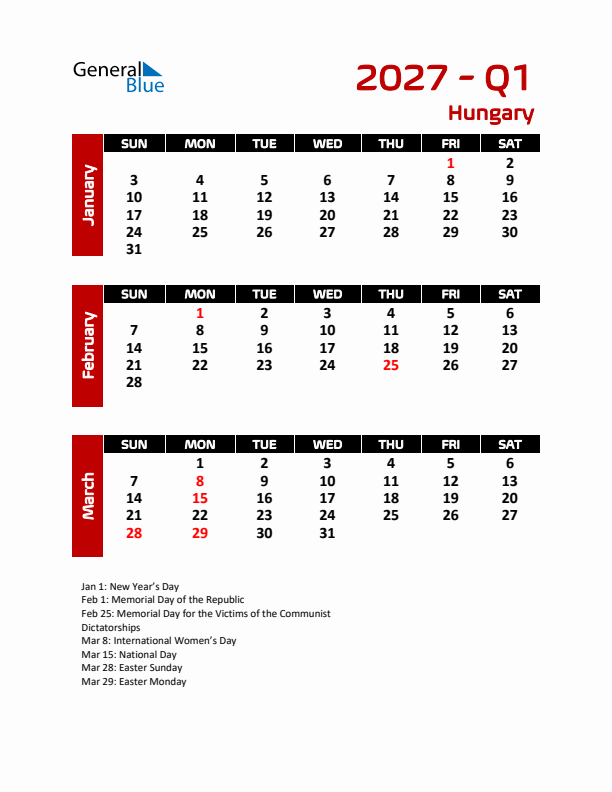 Q1 2027 Calendar with Holidays in Hungary