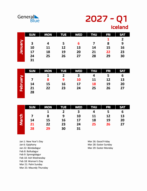 Q1 2027 Calendar with Holidays in Iceland