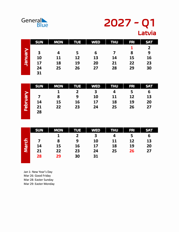 Q1 2027 Calendar with Holidays in Latvia